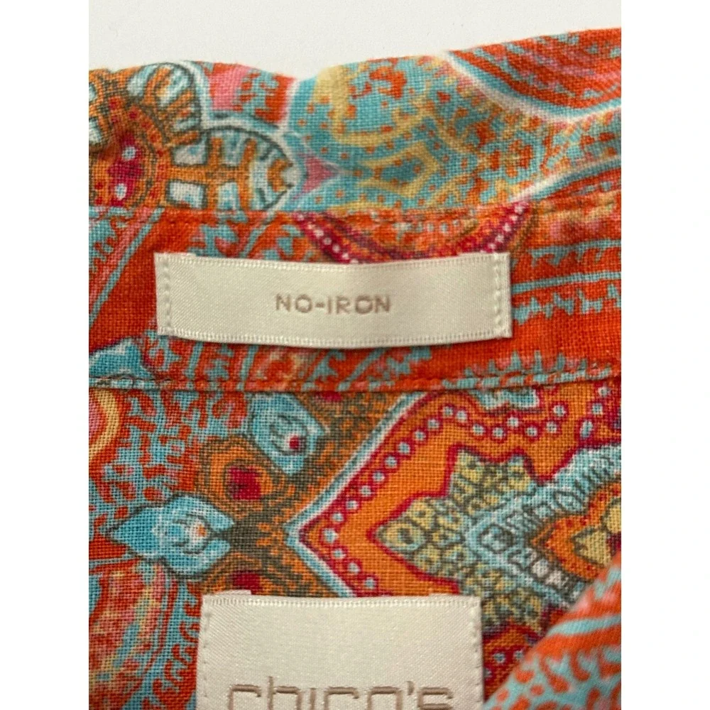 Chicos No Iron Linen Paisley Button Down Shirt Orange Blue Size 1 Medium